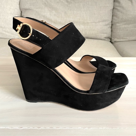 Tory Burch Loretta Platform Wedge Sandals Black Lancaster Suede Square Size 10.5 - Picture 3 of 10